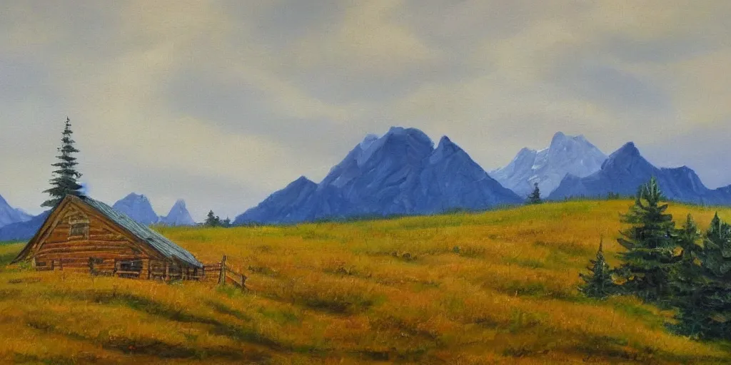 Prompt: a log cabin on a windy hillside, style of bob ross, oil painting,