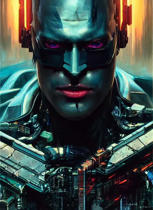 Image similar to portrait of the dark knight as a character in Cyberpunk 2077, looking at camera, intricate, dystopian, sci-fi, extremely detailed, digital painting, artstation, concept art, smooth, sharp focus, illustration, intimidating lighting, incredible art by artgerm and greg rutkowski and alphonse mucha and simon stalenhag