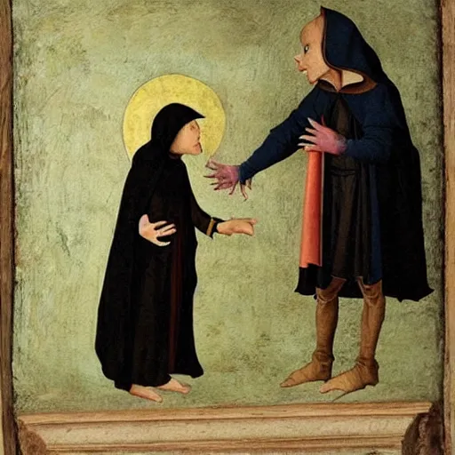 Image similar to goblin in black hooded cloak holds hand over bird, renaissance painting