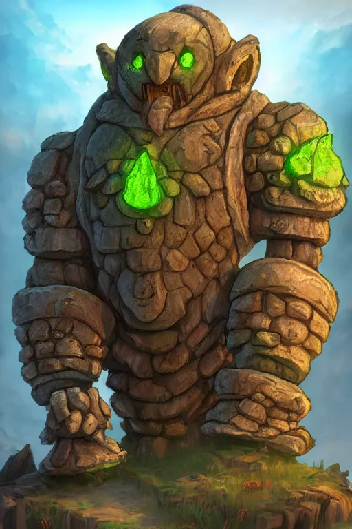 Image similar to zelda fantasy art giant golem troll wood rock greeble gemstone, global illumination ray tracing hdr fanart arstation by sung choi and eric pfeiffer and gabriel garza and casper konefal