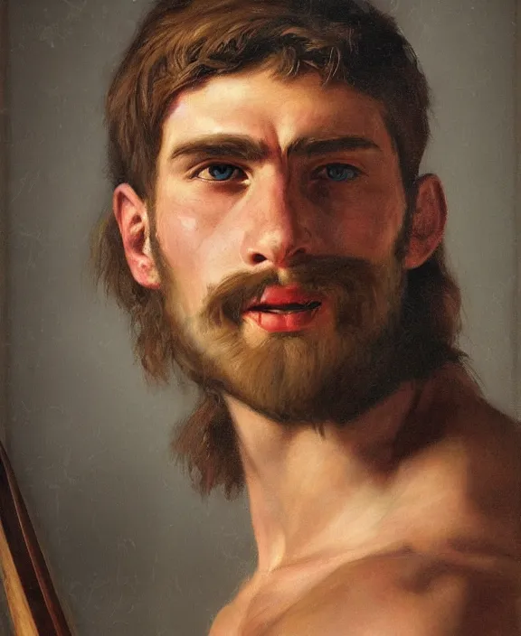 Prompt: portrait of a handsome young barbarian man, art by denys tsiperko and bogdan rezunenko and franz xaver kosler, hyperrealism