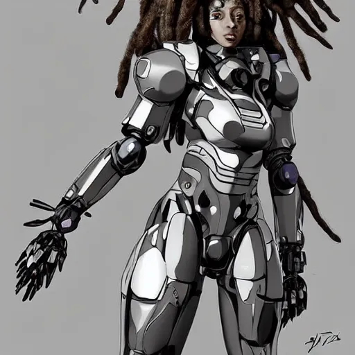 Image similar to a mecha version of an african woman with dreadlocks, with a septum nose ring piercing, very symmetrical, highly detailed, by vitaly bulgarov, by joss nizzi, by ben procter, by steve jung, concept art, quintessa, metal gear solid, transformers cinematic universe, concept art world, pinterest, artstation, unreal engine