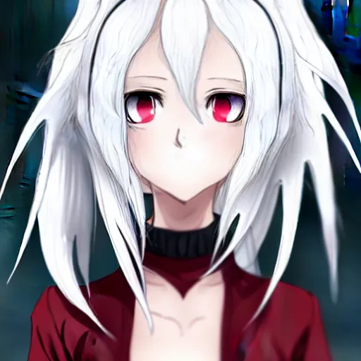 Image similar to white hair, red eyes, two small horn on the head, anime style, anime girl