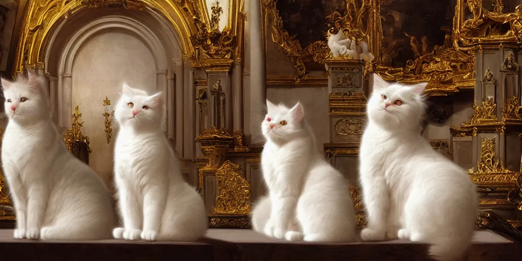 Prompt: beautiful oil matte painting, white fluffy cats holding a church ceremony inside a baroque cathedral, wonderful masterpiece highly detailed, beautiful cinematic light deep focus, elegant, digital painting, smooth, sharp focus, golden ratio, dramatic illumination, ultra realistic, 8 k, art by giovanni bellini and caravaggio