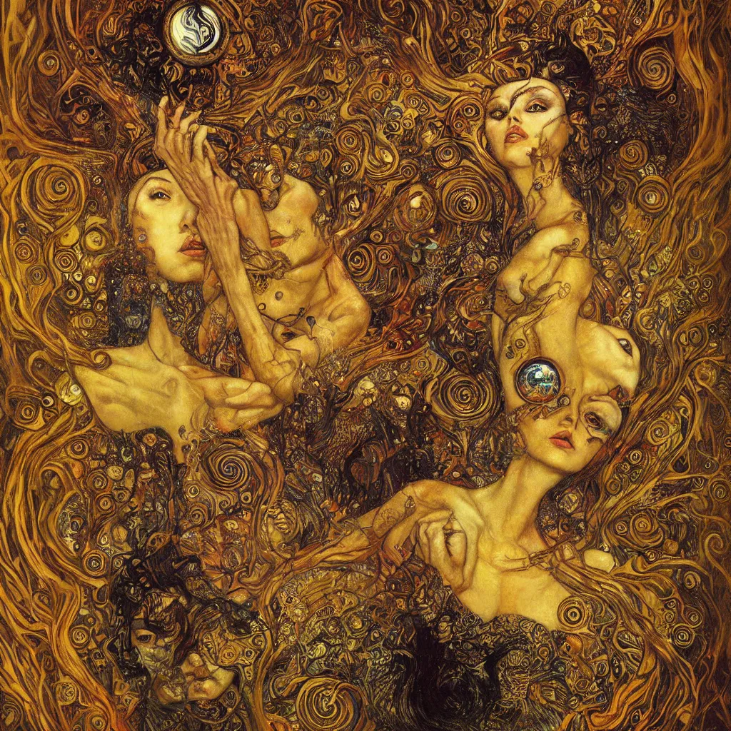 Image similar to Divine Chaos Engine by Karol Bak, Jean Deville, Gustav Klimt, and Vincent Van Gogh, beautiful visionary mystical portrait, sacred, otherworldly, fractal structures, Surreality, ornate gilded medieval icon, third eye, spirals, horizontal symmetry