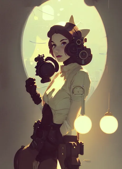 Prompt: portrait of cute girl, steampunk by atey ghailan, by greg rutkowski, by greg tocchini, by james gilleard, by joe gb fenton, by in kaethe butcher, dynamic lighting, gradient light yellow, brown, blonde cream and white color in scheme, grunge aesthetic