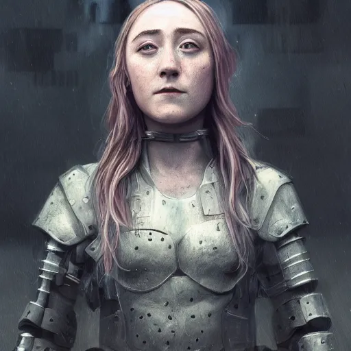 Image similar to saoirse ronan portrait, dystopia core, apocalyptic, armor, warrior, dramatic, sharp focus, fiction, neon, fantasy, hyper detailed, digital art, trending in artstation, cinematic lighting, studio quality, smooth render, unreal engine 5 rendered, octane rendered, art style and nixeu and wlop and krenz cushart