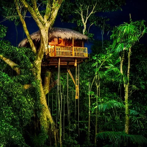 Prompt: a treehouse in a lush jungle during a thunderstorm in the night