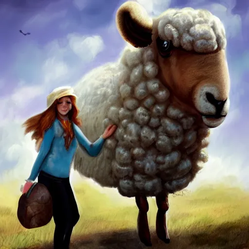 Prompt: girl riding a giant sheep at the farm, trending on artstation