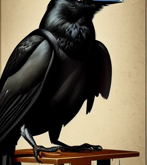 Image similar to portrait of a beautiful crow sitting upon a table with heightened detail, detailed facial expression, detailed surroundings, elegant, highly detailed, centered, digital painting, artstation, concept art, smooth, sharp focus, illustration, by ( leonardo da vinci ), wlop