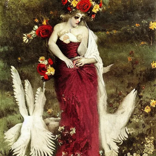 Image similar to persephone as goddess of death, flower dress, by alfred stevens