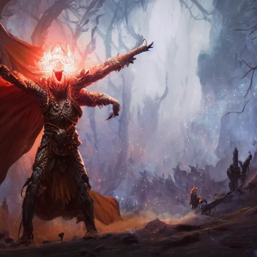 Image similar to Dog, Anthropomorphized, casting epic spell, magic the gathering artwork, D&D, fantasy, cinematic lighting, centered, symmetrical, highly detailed, digital painting, artstation, concept art, smooth, sharp focus, illustration, volumetric lighting, epic Composition, 8k, art by Akihiko Yoshida and Greg Rutkowski and Craig Mullins, heroic pose, oil painting, cgsociety, magic lab background