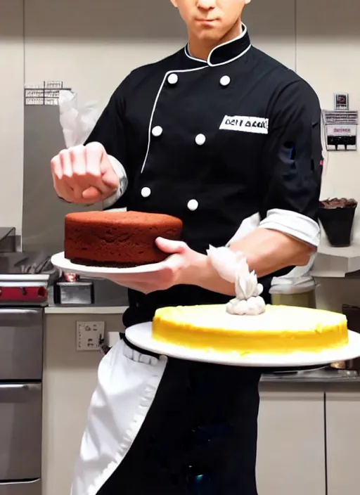 Image similar to chef saitama one punch man, dressed as a pastry chef, focused at making a cake, beautiful anime artwork