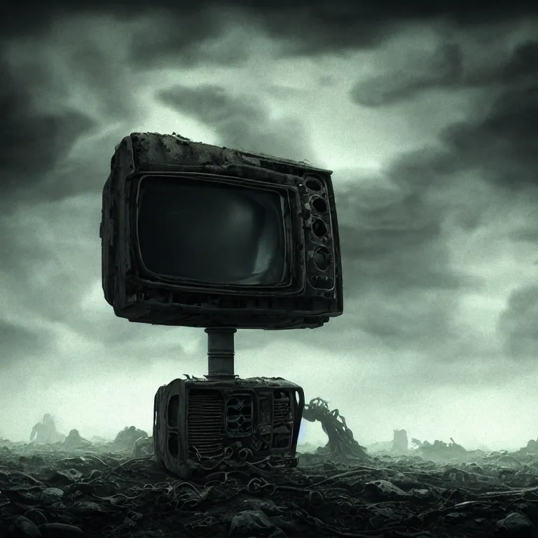 Prompt: surreal mysterious abandoned ribbed broken old crt monitor in the foreground, in wastelands on exoplanet, dark clouds, dark washed tint black, dream-like heavy atmosphere, dark baroque painting, beautiful detailed intricate insanely detailed octane render trending on Artstation, 8K artistic photography, photorealistic, dramatic volumetric cinematic perfect light, chiaroscuro, award-winning photograph, masterpiece, Raphael, Caravaggio, Beksinski, Giger