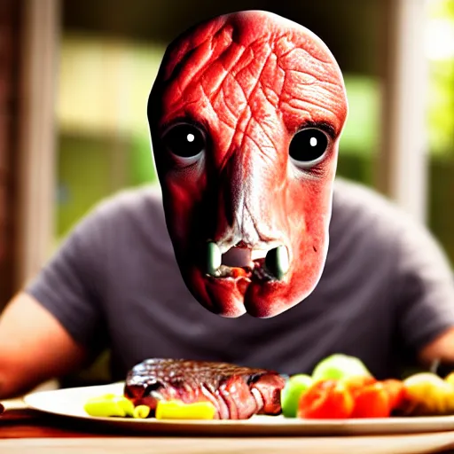 Image similar to photograph of a man with a Steak head begging for food, 8k resolution, high detail, ULTRA REALISTIC VFX, reflections