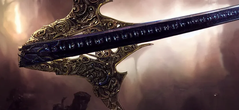 Image similar to legendary sword of cybernetic technology lying flat on a glowing table with a long sharp black and iridescent sword blade, digital award winning hd matte painting, intimate dark moody, intricate, ornate spikes, colorful hilt, detailed realistic, raytraced blade, colored gems, golden pommel, in the style of greg rutkowski and krenz cushart, deviantart