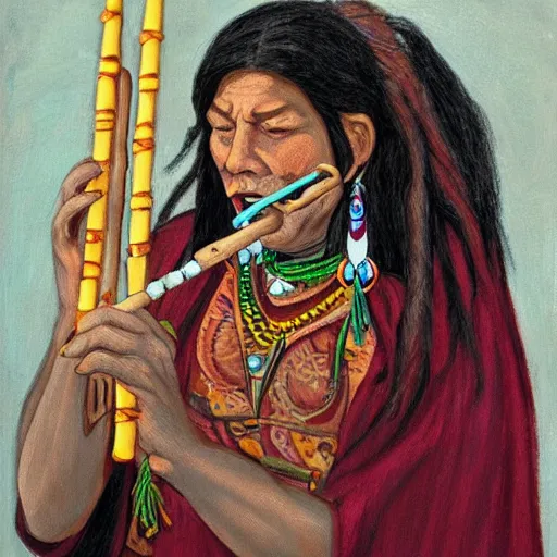 Prompt: a shaman playing a bone flute, a female air elemental coming out of the other end of a flute