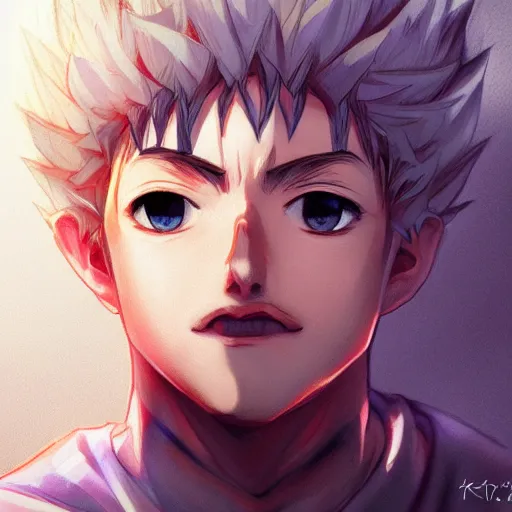 Prompt: realistic portrait of Killua, dramatic lighting, illustration by Rossdraws, professional portfolio, 4k, digital art, concept art, trending on artstation