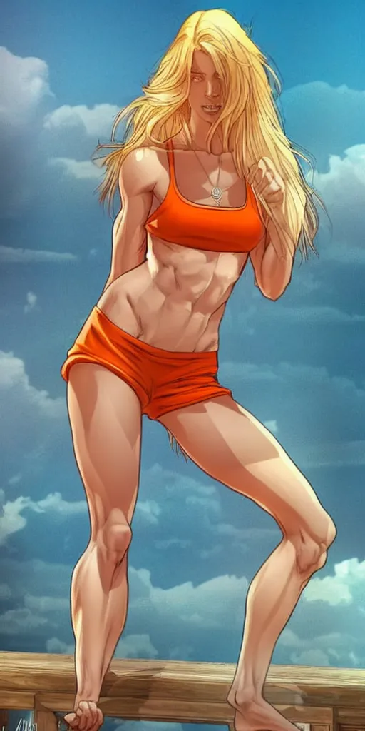 Image similar to a gorgeous hulking beast of a woman with very long hip-length blonde hair, wearing a cut-off white top and orange cut-off shorts standing by the water, in the style of artgerm and moebius and annie liebovitz, marvel comics, photorealistic, highly detailed, trending on artstation