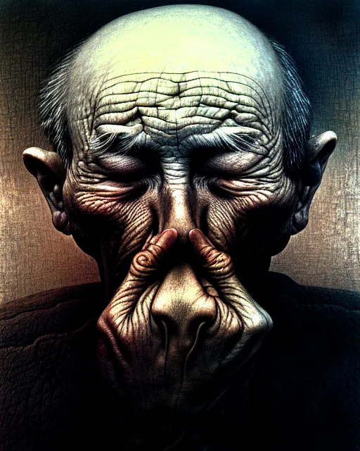 Prompt: close up portrait of very old man with no eyes and hands for face drawn by beksinski, high definition