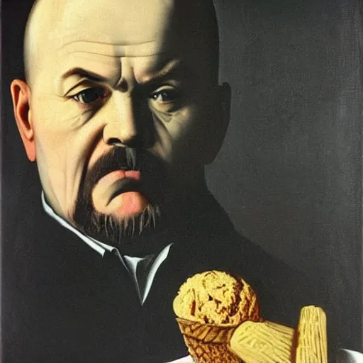 Prompt: Vladimir Lenin eating an ice cream. Painted by Caravaggio