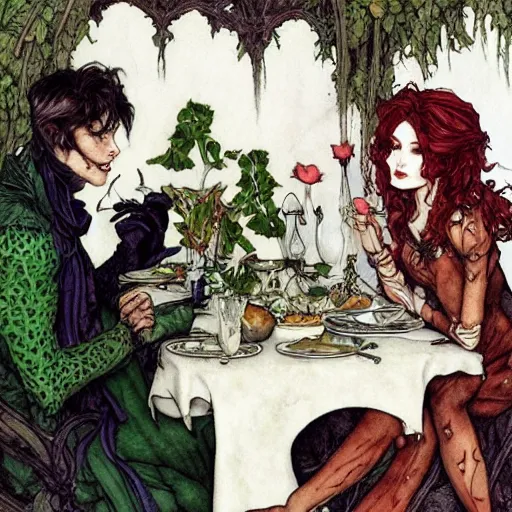 Prompt: a beautiful picture of doctor poison ivy professor of botany and doctor liliana onyx professor of demonology having lunch, academic clothing, dark eyeliner, intricate, elegant, highly detailed, digital painting, artstation, concept art, matte, sharp focus, illustration, art by rebecca guay and by arthur rackham and by john william waterhouse