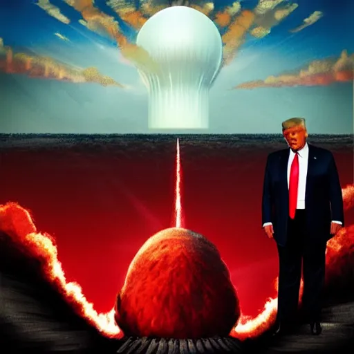 Prompt: donald trump screams at the top of his lungs as he hits the big red nuclear bomb button, real event, historical event, realistic, hdr, clear image, hdd, dynamic lighting,