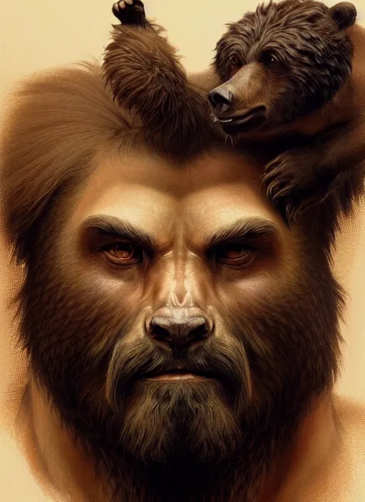 Prompt: Portrait of a hairy man with a bear's head, muscular, intricate, elegant, highly detailed, digital painting, artstation, concept art, smooth, sharp focus, illustration, art by artgerm and greg rutkowski and alphonse mucha