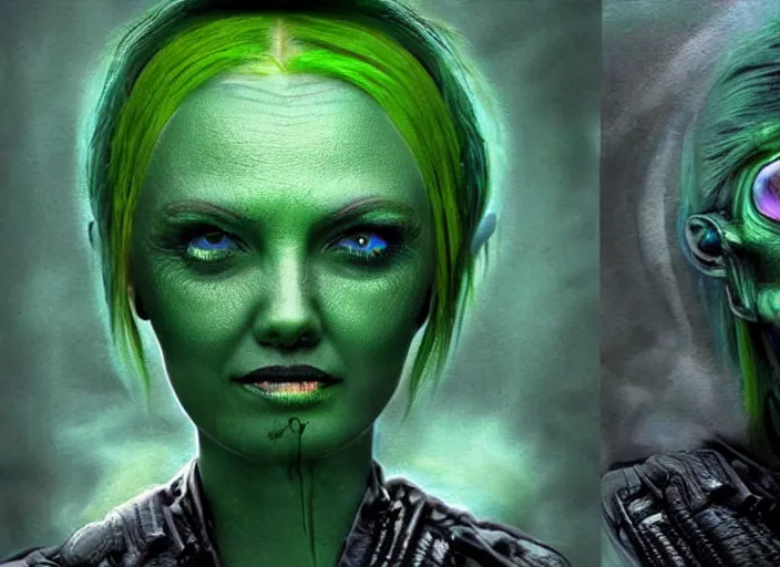 Image similar to beautiful aliens faces with green hair, 8 k, matte painting, in the style of artist, giger
