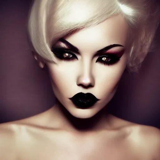 Image similar to modeling photograph kerli koiv, blonde, femme fatale jessica rabbit, beautiful, dark, mysterious, bubble goth makeup, detailed flawless face, dramatic darkroom lighting high exposure, head and shoulders 4 0 mm camara