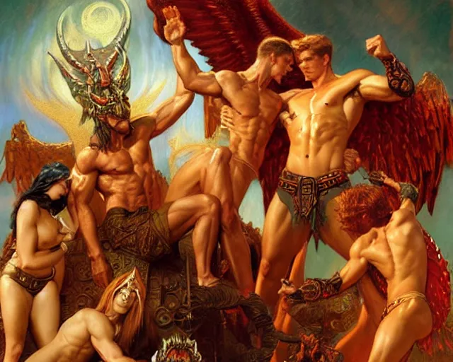 Prompt: lavish male deity, casting demonic magic, summoning ( muscular ) lucifer morning star, as they battle over the earthly realm, highly detailed painting by gaston bussiere, craig mullins, j. c. leyendecker, tom of finland