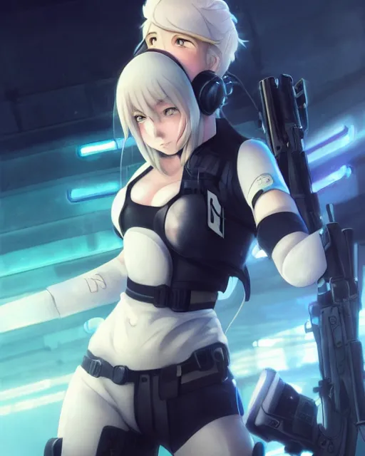 Image similar to nami, anime key visual of a young female swat officer, neon, cyberpunk, futuristic, white outfit, black swat vest, swat helmet, holding pdw, stunning, highly detailed, digital painting, smooth, soft focus, illustration, 4 k digital art from artstation by artgerm and greg rutkowski and alphonse mucha