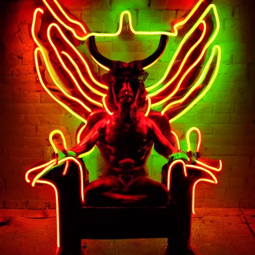 Image similar to neon baphomet on a throne with its disciples bowing down