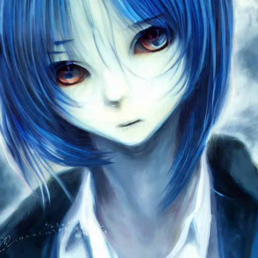 Image similar to full face shot of rimuru tempest, sky blue straight hair, long bangs, closed eyes, wearing a fancy black jacket, high collar, ultra detailed, brush strokes, digital painting, cinematic, wlop artstation, closeup, pixiv, eerie, scary, haunted, spooky, yoshitaka amano, junji ito,