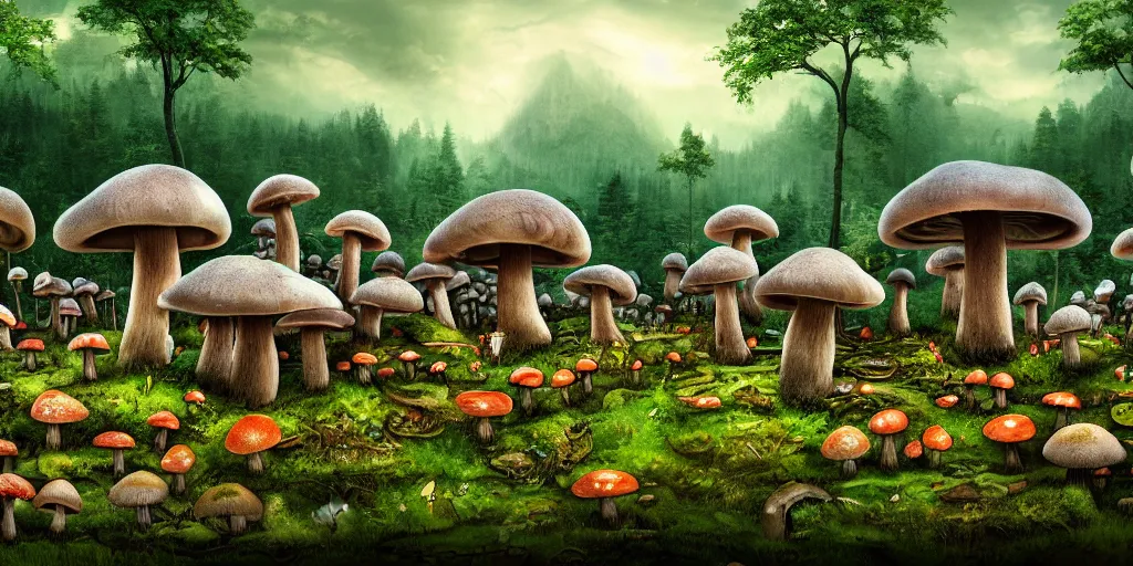 Prompt: Mushroom city, mushroom houses, architecture, mushrooms, scenic, lush, forestry, forest, flowers, butterflies, vast, expansive landscape, depth, 8k, trending on art station