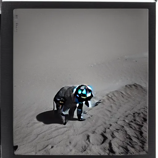 Image similar to extremely detailed black and white polaroid picture by john l. gaunt of a little elephant standing on the moon's surface