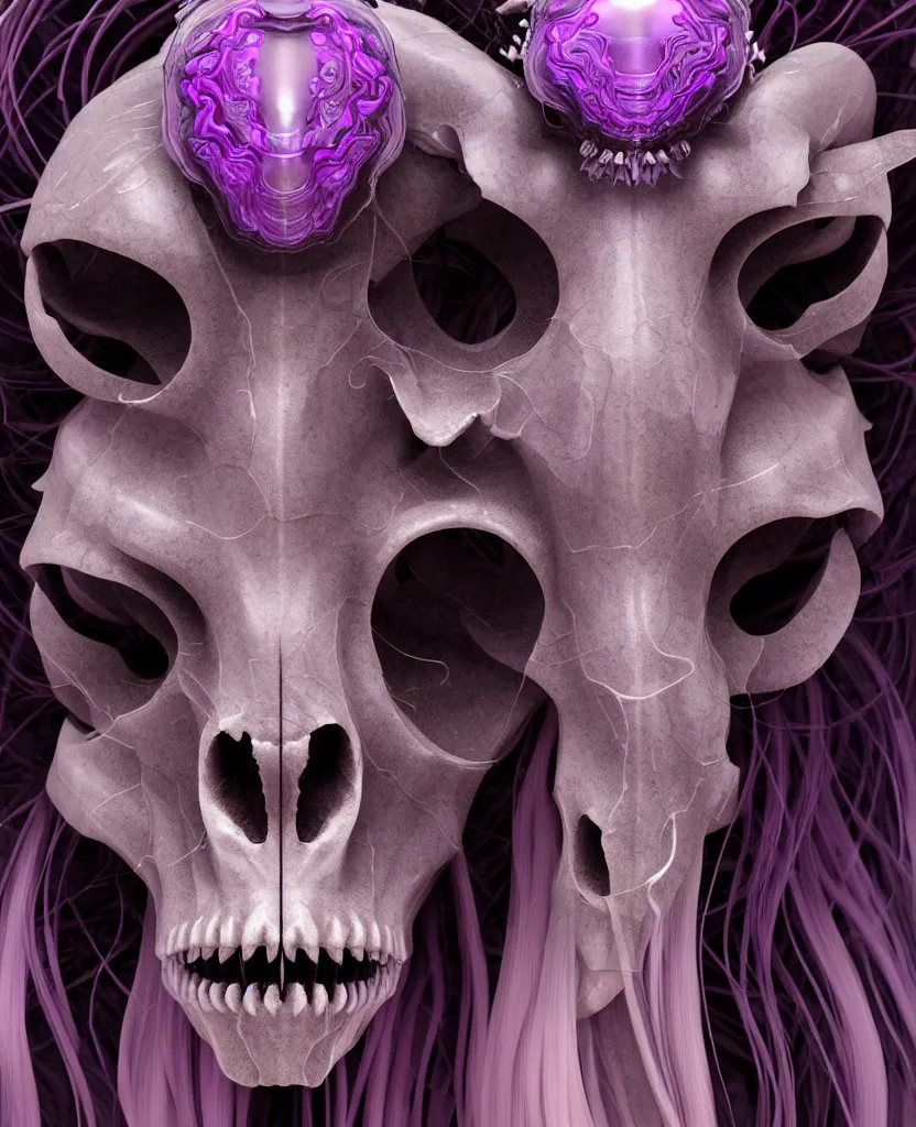 Image similar to goddess princess face close-up portrait ram skull. sculpture made of black and dichroic. jellyfish phoenix head, nautilus, orchid, skull, betta fish, bioluminiscent creatures, intricate artwork by Tooth Wu and wlop and beeple. octane render, trending on artstation, greg rutkowski very coherent symmetrical artwork. cinematic, hyper realism, high detail, octane render, 8k