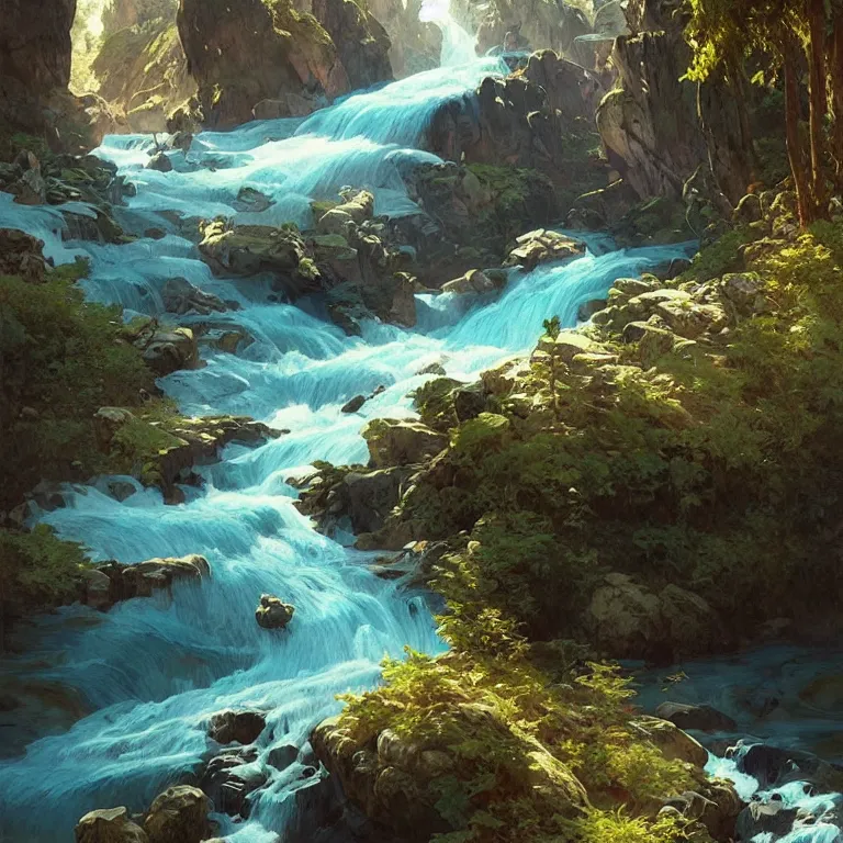 Image similar to Mountain river flows through a fantasy landscape gorge. A big blue lake in the middle of the mountains. Fabulous nature, amazing seascape, highly detailed, digital painting, artstation, concept art, smooth, sharp focus, illustration, art by greg rutkowski and alphonse mucha