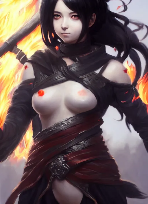 Prompt: Portrait of Anime girl with black hair, she is carrying a burning sword with two hands, wearing metal armor around her chest and waist, realistic, detailed, 4k by Greg Rutkowski Mark Arian trending on artstation