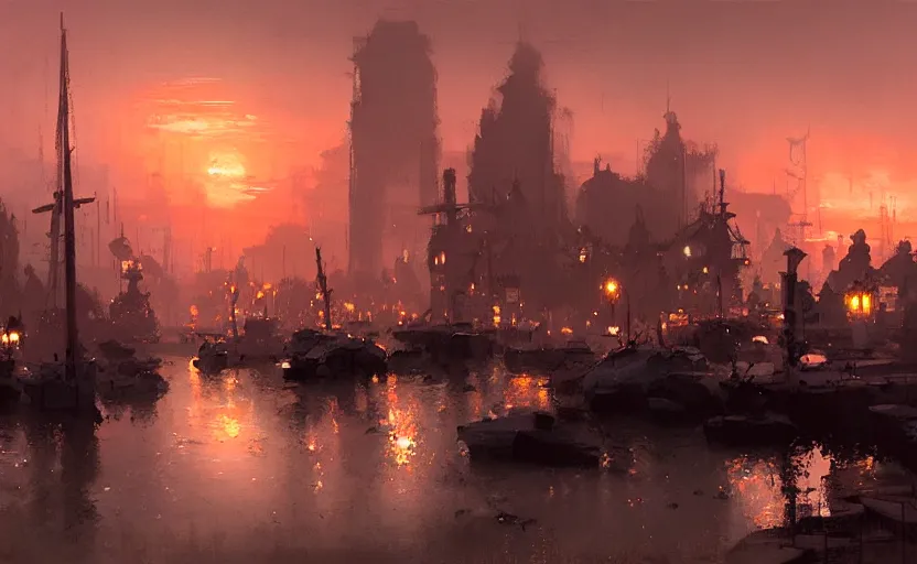 Prompt: an old harbour at dusk by greg ruthkowski and craig mullins