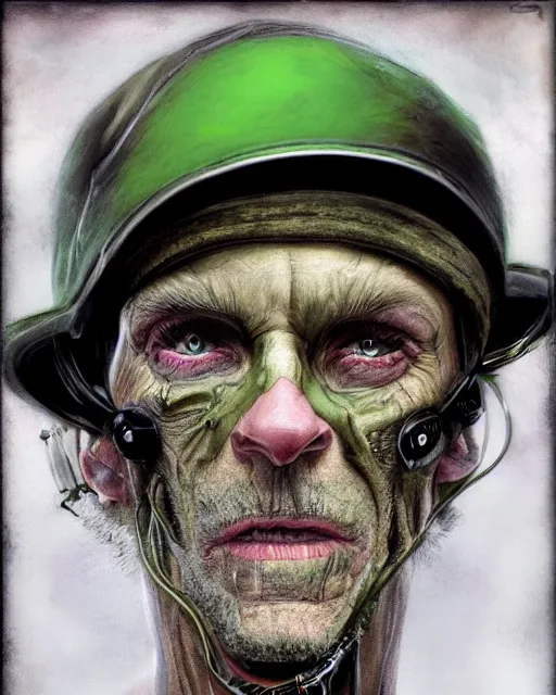 Image similar to an intimate portrait of a gnarly human cyberpunk captain, old skin, faded hat, crooked teeth, green eyes, a look of menace, detailed matte fantasy painting