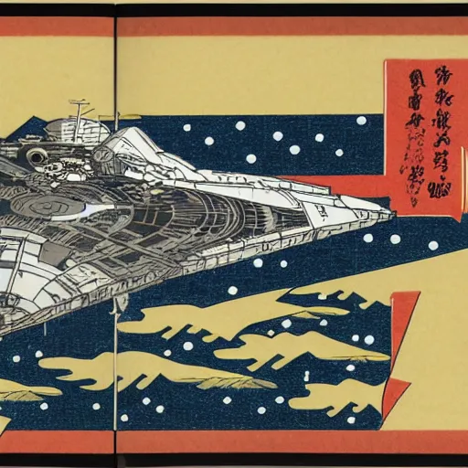 Prompt: millennium falcon attacking new york in the style of ukiyo - e