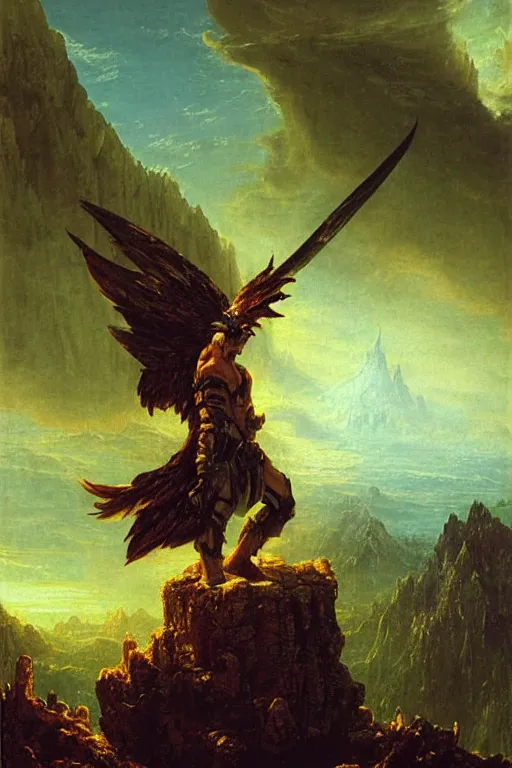 Image similar to a midgar legendary warrior painted by thomas cole