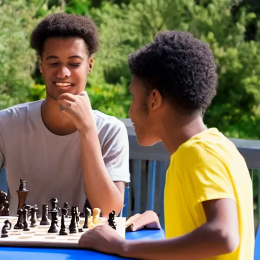 Image similar to two young guys are sitting at a table, playing chess. One is wearing a yellow tanktop and is smiling. The other has a white shirt and looks angry. The sky is blue with a Mediterranean background. Foto