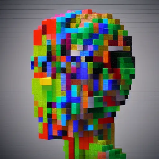 Image similar to a 3/4 view of an android's head made of pixel blocks blown into the wind, realistic, 3d render