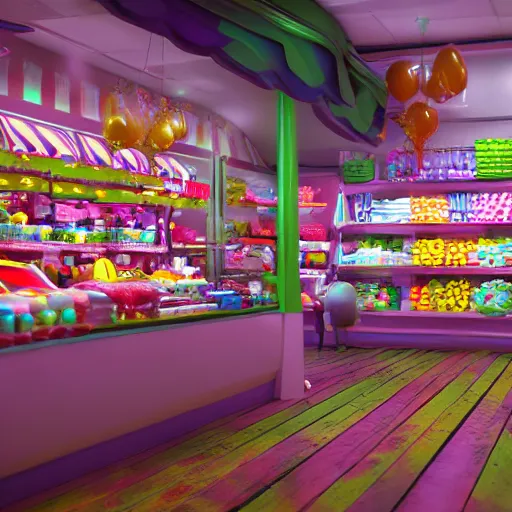 Image similar to Ultra hyperreal, 3D Octane render, Jimmy Neutron at a Candy store