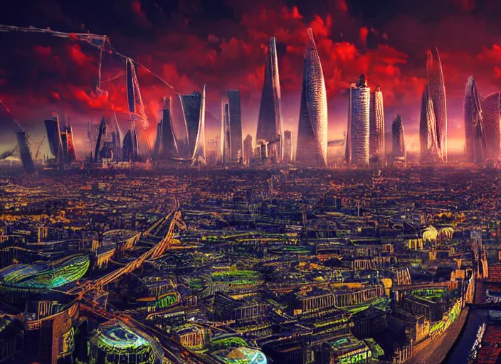 Image similar to epic cinematic artwork landscape of London's skyline in the year 3000, futurism, digital art, masterpiece, 4k