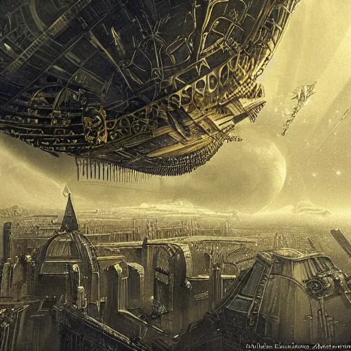 Image similar to enormous flying city in a faberge egg, sky, steampunk, fantasy art, masterpiece, hugh ferriss, digital, peder balke