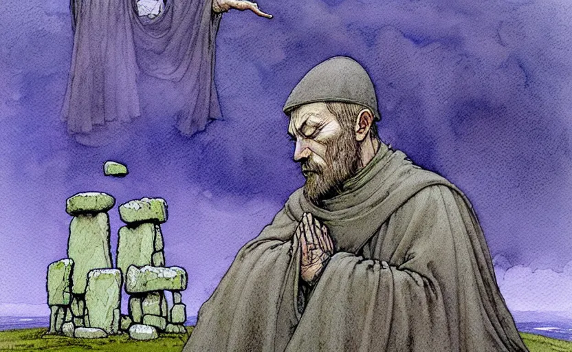 Prompt: a hyperrealist watercolour character concept art portrait of one small grey medieval monk kneeling in prayer as stonehenge rocks float in the air above him. it is a misty night. by rebecca guay, michael kaluta, charles vess and jean moebius giraud