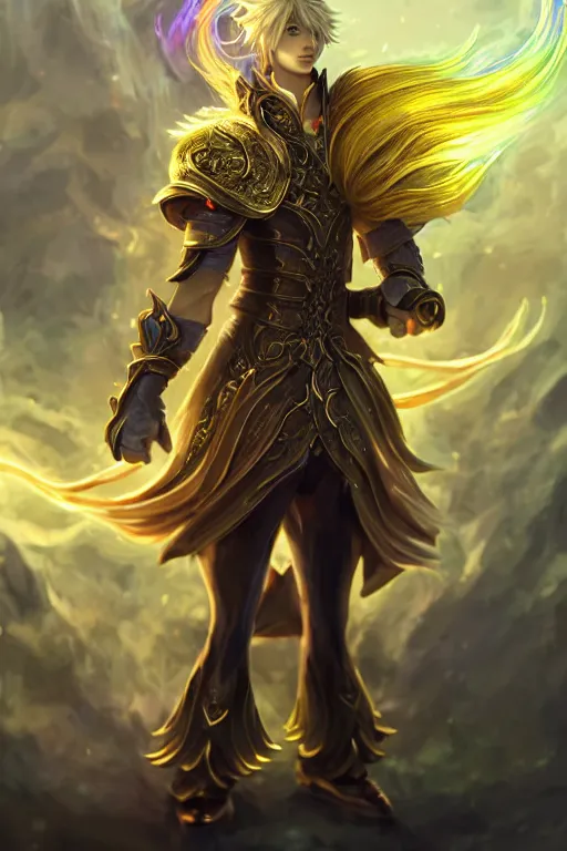 Prompt: fullbody portrait of a male fit hero with strange hairs, soft smile, baroque cloth, luminous scene, final fantasy and league of legends champion, by chengwei pan and sakimichan, gradient white to gold, in front of an iridescent magical building background, highly detailed portrait, digital painting, smooth, focus illustration